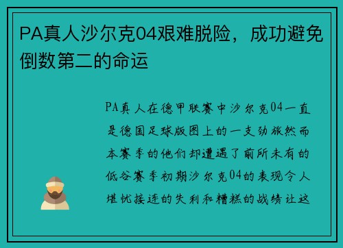 PA真人沙尔克04艰难脱险，成功避免倒数第二的命运